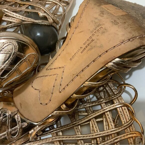 Sophia Webster Delphine Leather Gold /Caged Tie Lace Up Booties Heels 39 - Picture 9 of 15